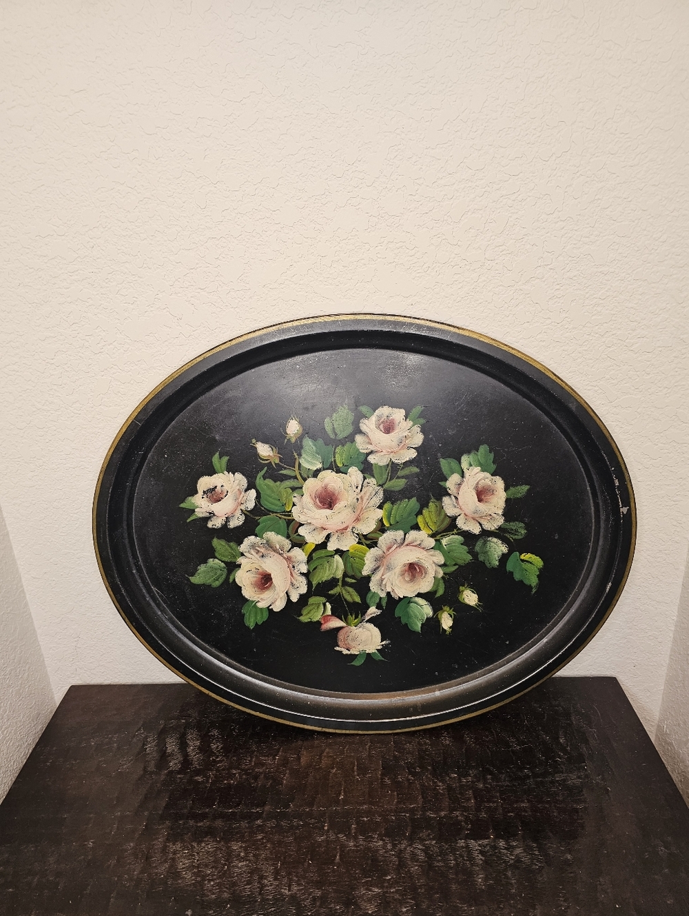 Vintage 1940s Hand Painted Rose Floral Toleware Oval Metal Tray Cottagecore